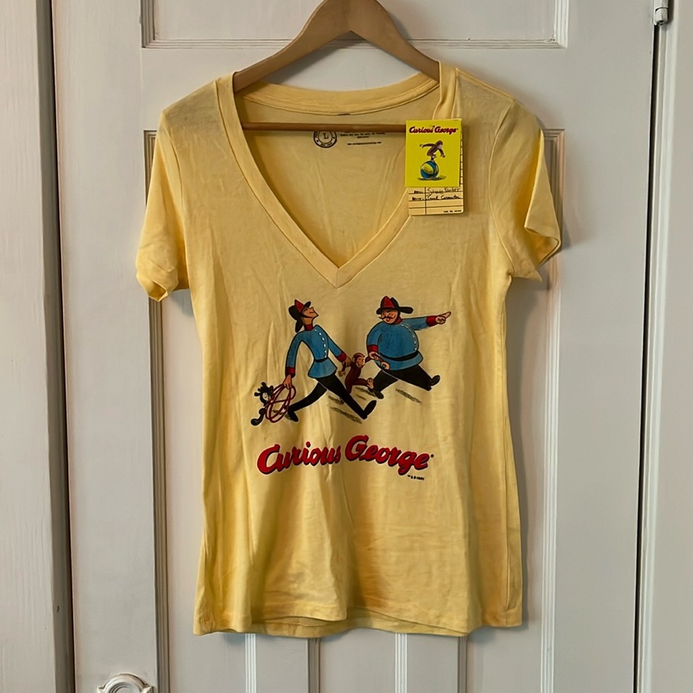 Curious George Out of Print Women’s V-neck T-shirt L yellow NWT
